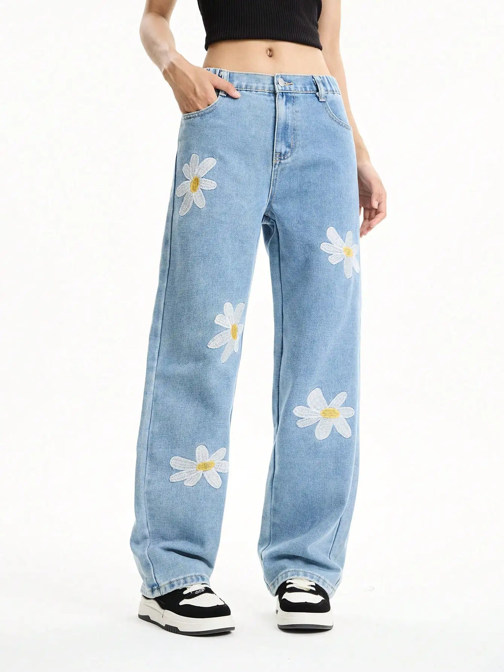 Women's Mid-Rise Loose Straight Leg Floral Embroidered Wide-Leg Denim Jeans for Casual Streetwear