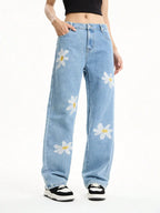 Women's Mid-Rise Loose Straight Leg Floral Embroidered Wide-Leg Denim Jeans for Casual Streetwear