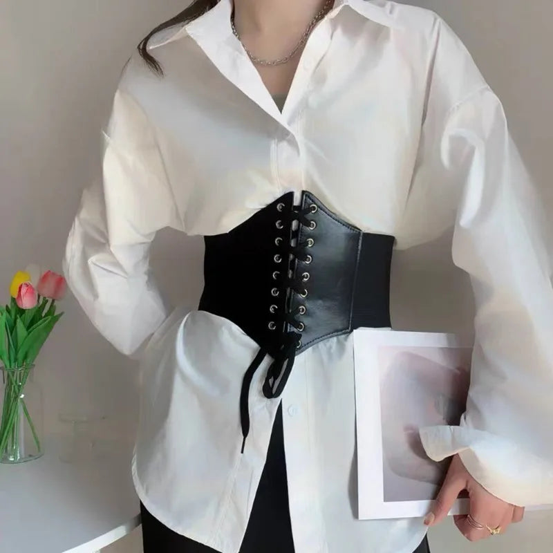 Faux Leather Lace-Up Waist Belt Corset with Wide Structured Design