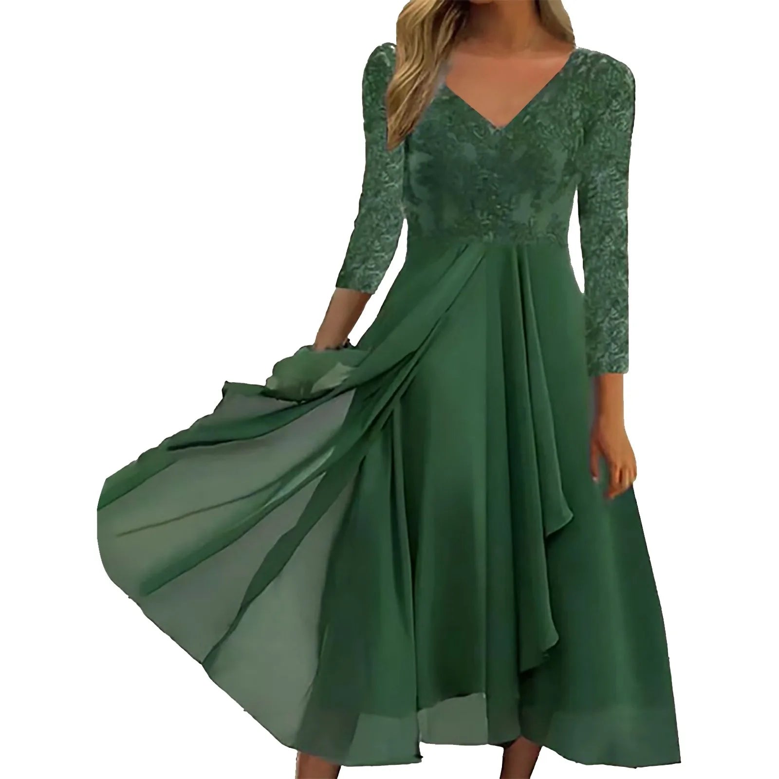 Flowing V Neck Midi Dress With Sheer Lace Sleeve Detailing