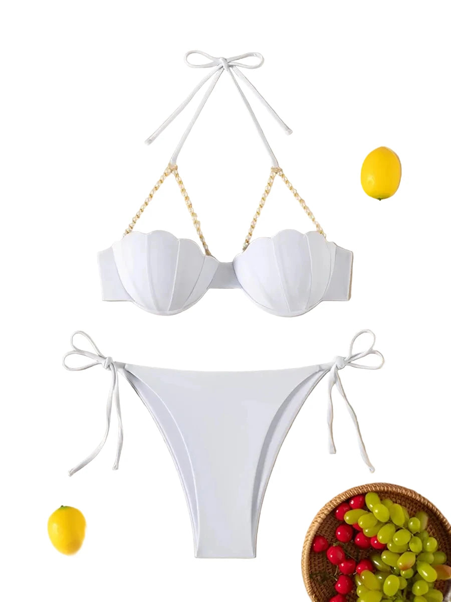 Structured Seashell Underwire Bikini with Pearl-Embellished Straps