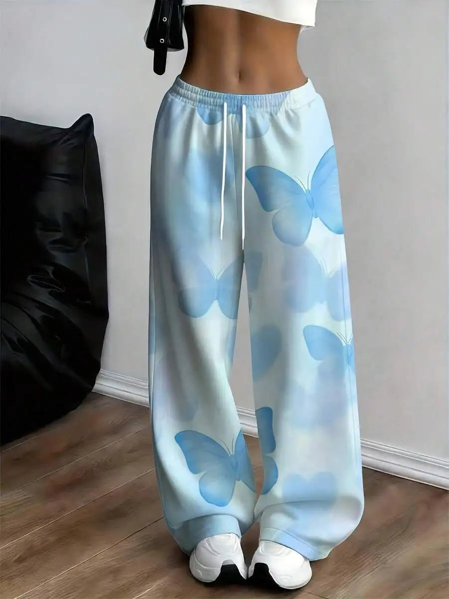 Butterfly Print Wide Leg Drawstring Sweatpants with Relaxed Streetwear Casual Fit