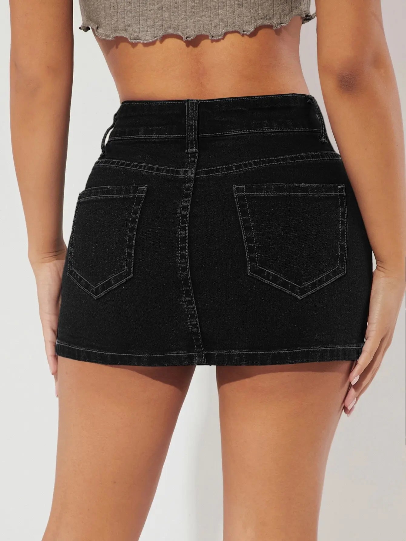 High Waist Stretch Denim Mini Skirt with Pocket Detail Slim Fit