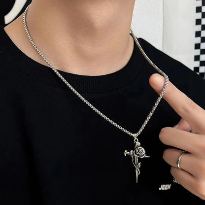 Vintage Rose Cross Pendant Necklace for Gothic Punk and Alternative Fashion
