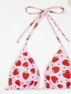 Three-Piece Strawberry Print String Bikini Set with Sheer Wrap Skirt