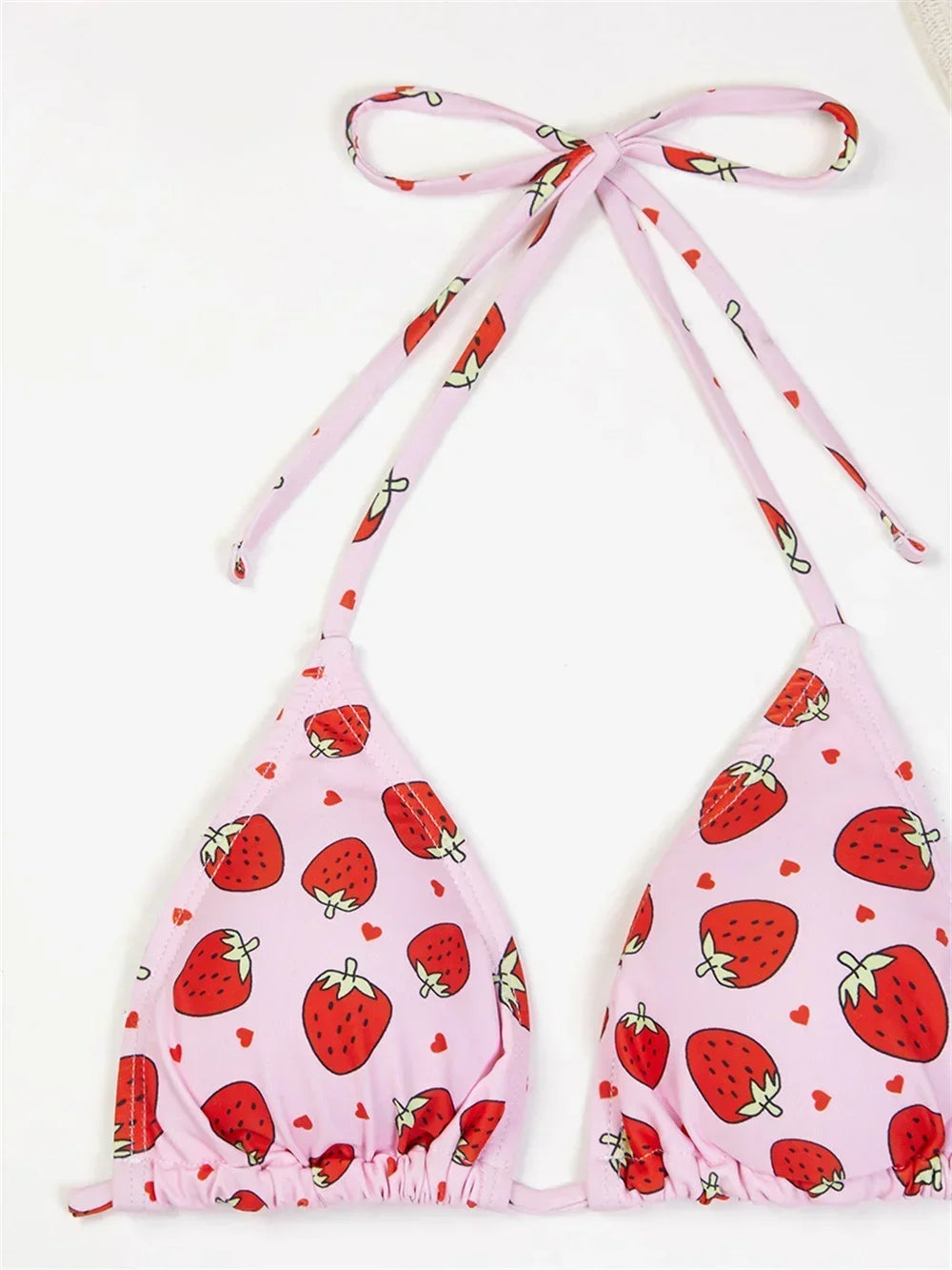 Three-Piece Strawberry Print String Bikini Set with Sheer Wrap Skirt