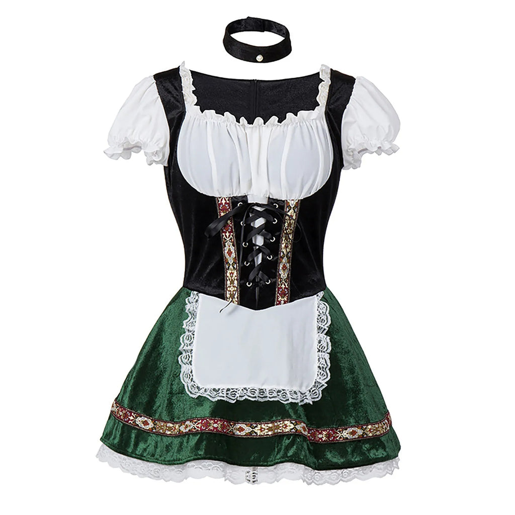 Festive Bavarian-Inspired Corset Dress with Ruffled Trim and Lace-Up Bodice