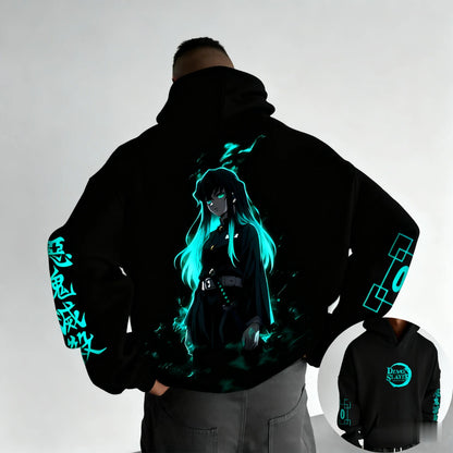 Dark Anime Cyber Streetwear Hoodie with Manga-Inspired Neon Character Artwork