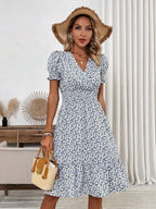 Breezy Blue Ditsy Floral V-Neck Mini Dress with Puff Sleeves