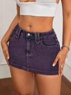 Washed Denim Bodycon Mini Skirt with Front Pockets and Slim Fit