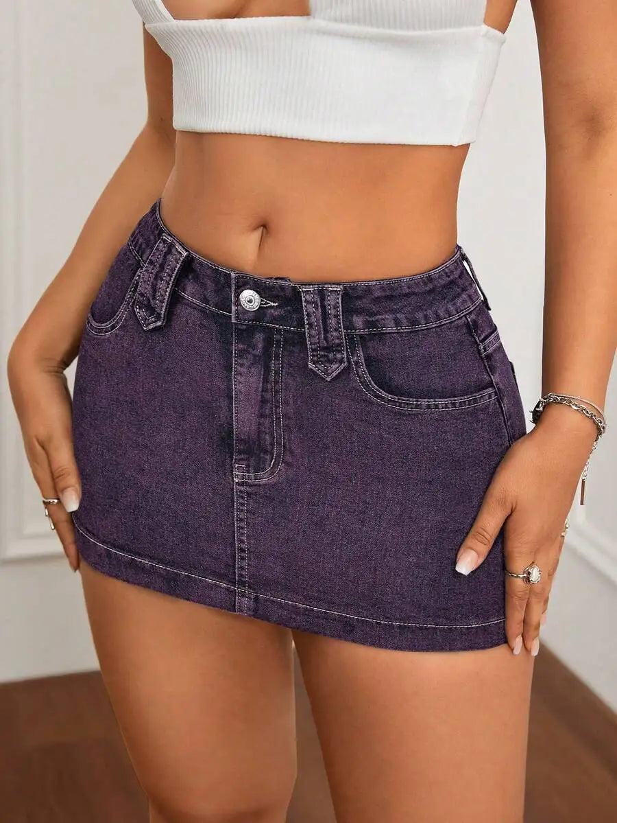 Washed Denim Bodycon Mini Skirt with Front Pockets and Slim Fit