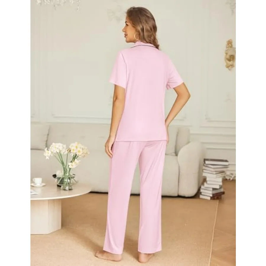 Button Front Lounge Top and Relaxed Pants Sleepwear Co-Ord Set