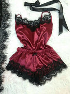 Contrasting Black Lace and Peach Satin-Finish Two-Piece Cami and Shorts Sleep Set