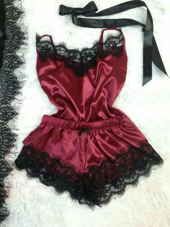 Contrasting Black Lace and Peach Satin-Finish Two-Piece Cami and Shorts Sleep Set