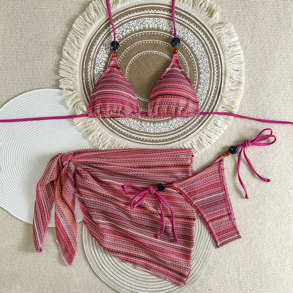 Textured Brown Three-Piece Triangle Bikini Set with Matching Ruched Skirt