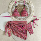 Textured Brown Three-Piece Triangle Bikini Set with Matching Ruched Skirt