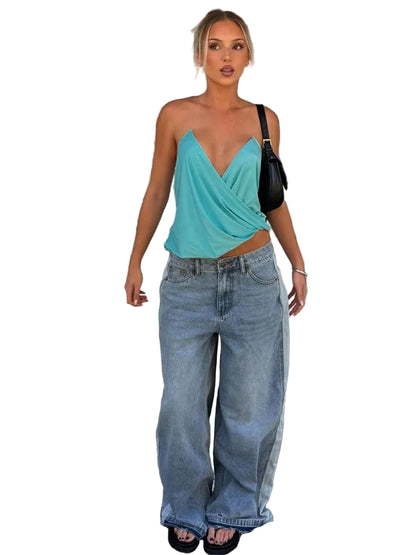 Cross Halter Ruched Tank Top with Backless Design Contemporary Streetwear Style
