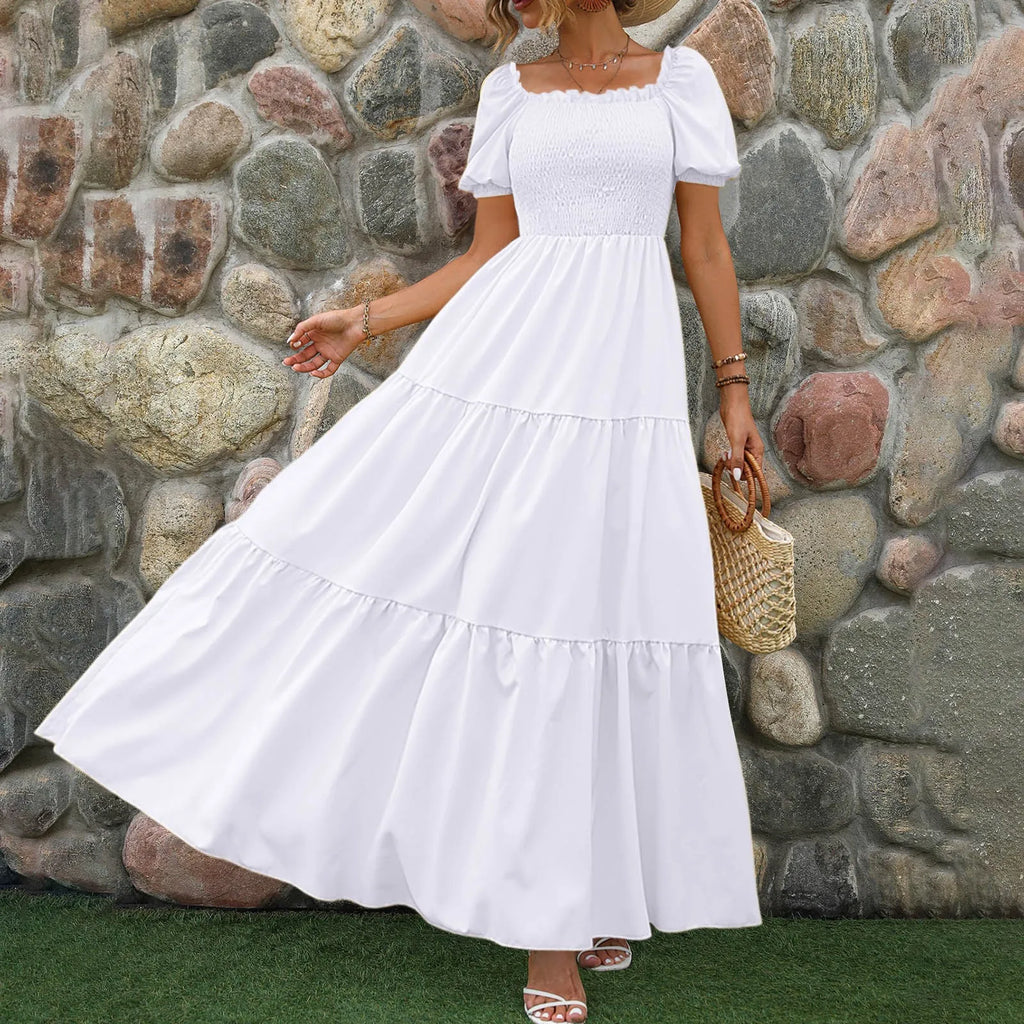 Tiered A-Line Maxi Dress with Smocked Bodice and Puff Sleeves