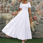 Tiered A-Line Maxi Dress with Smocked Bodice and Puff Sleeves