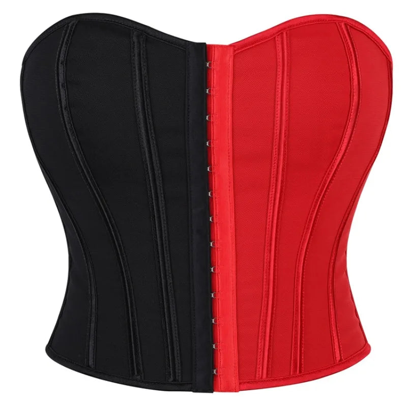 Bold Two-Tone Strapless Corset Top with Front Hook Closure and Defined Boning