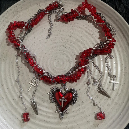 Neo Gothic Heart Cross Choker Necklace With Layered Beaded Alternative Fashion Detailing