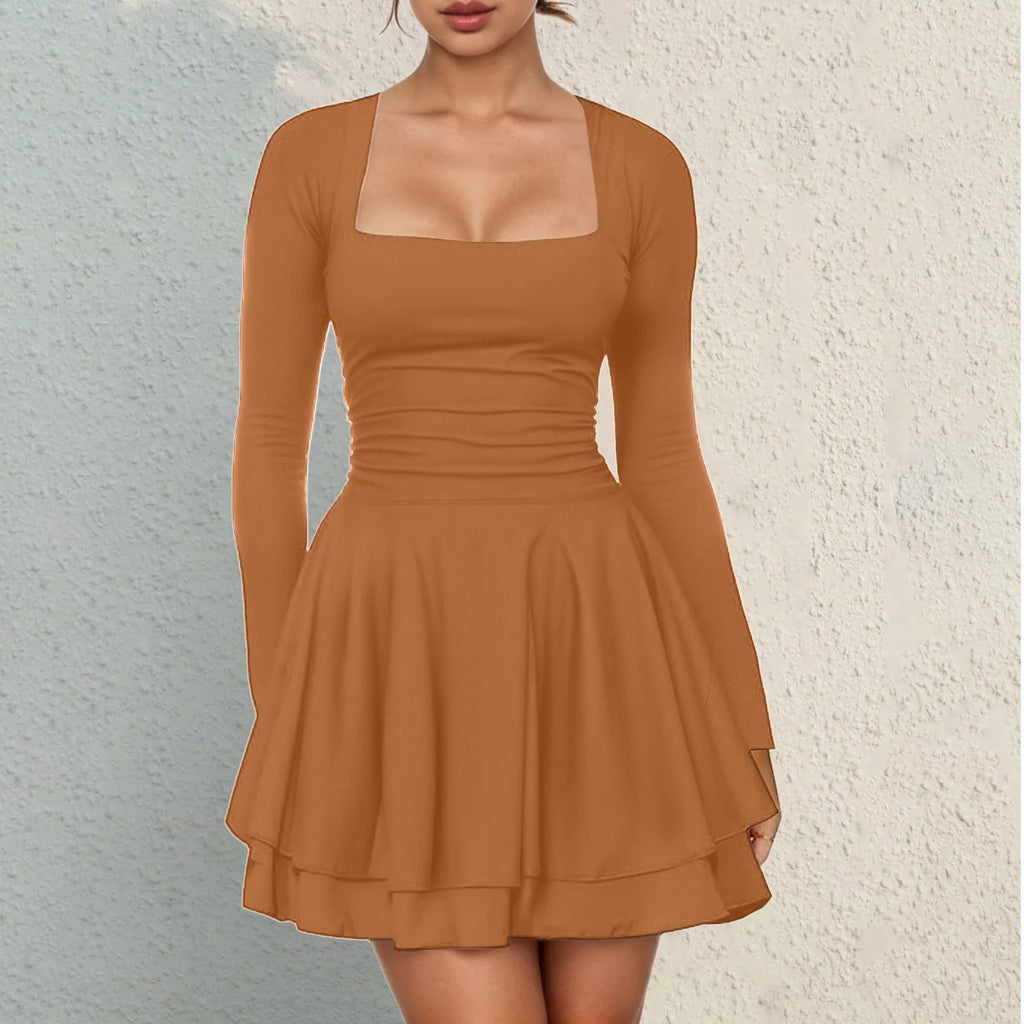 Square Neck Long Sleeve Mini Dress with Structured Waist and Ruffle Hem