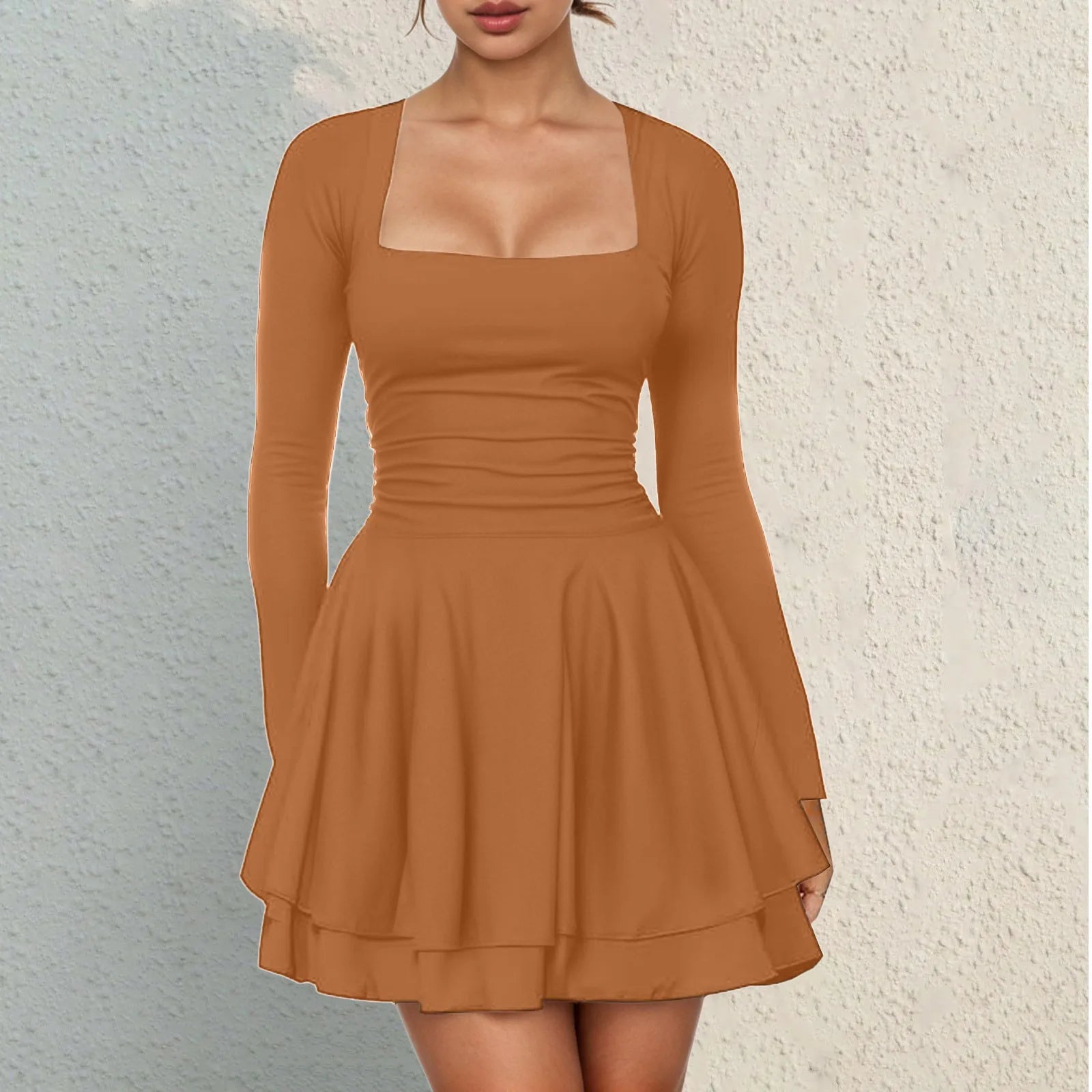 Square Neck Long Sleeve Mini Dress with Structured Waist and Ruffle Hem
