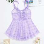 Sheer Lavender Mesh Babydoll Dress with Ruffled Straps and Lace-Up Front