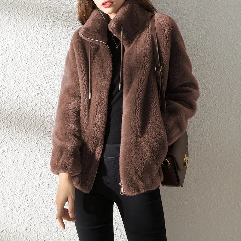 Women's Plush Fleece Zip-Up Jacket with Stand Collar Cozy Streetwear Winter Outerwear