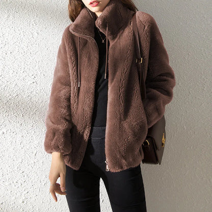 Women's Plush Fleece Zip-Up Jacket with Stand Collar Cozy Streetwear Winter Outerwear