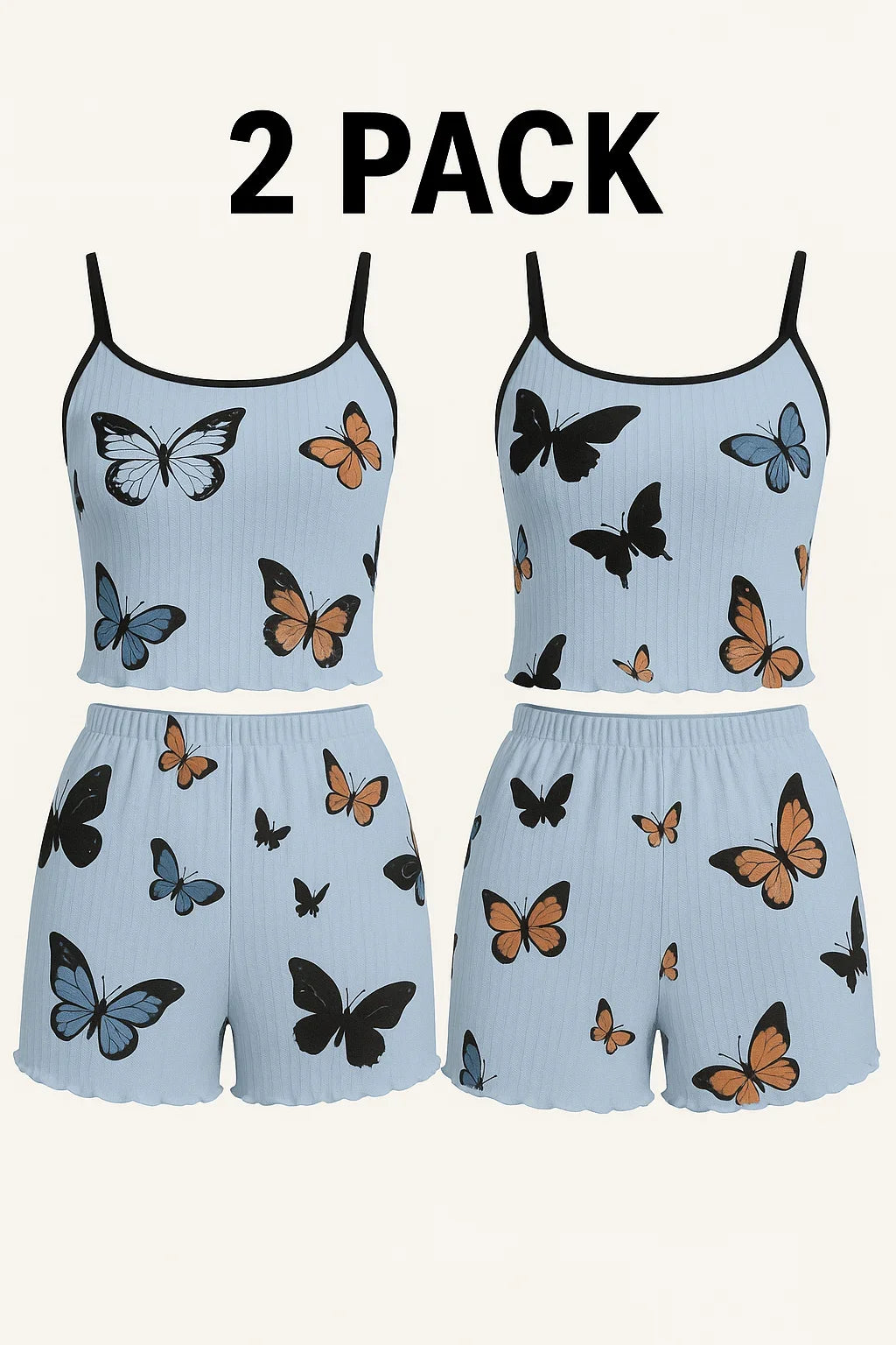 Playful Butterfly Print Camisole and Shorts Sleepwear Set with Contrast Binding