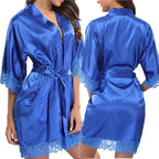 Vibrant Red Satin-Finish Lounging Robe with Delicate Scalloped Lace Trim