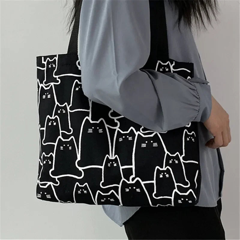 Graphic Pattern Canvas Style Tote Shoulder Bag with Zip Closure