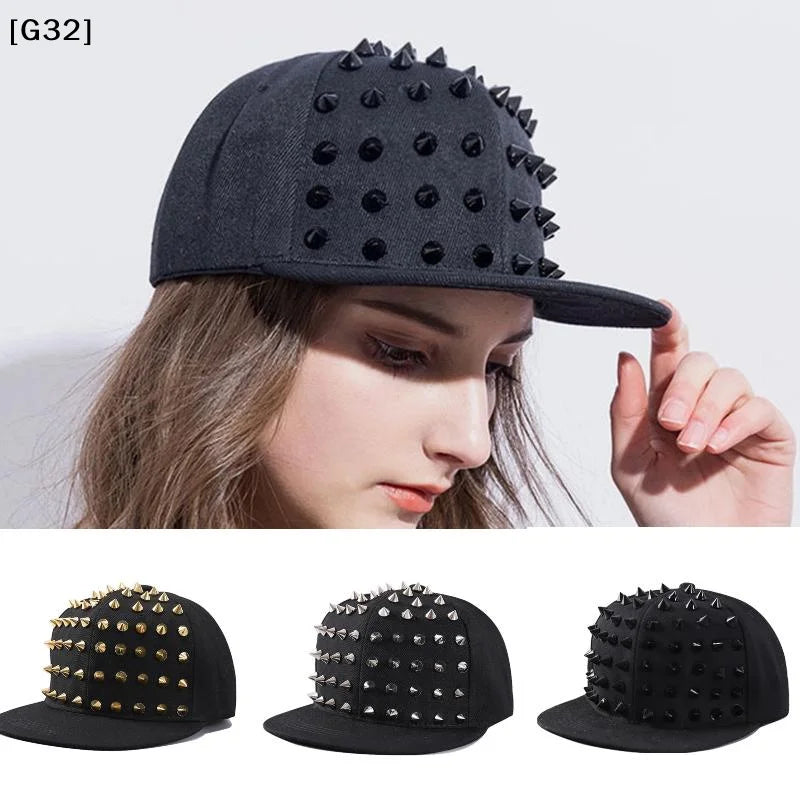 Studded Flat Brim Baseball Cap with Decorative Rivet Details for Y2K Streetwear Fashion