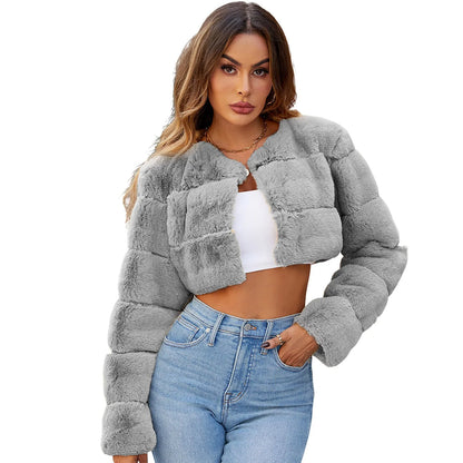 Cropped Plush Faux Fur Zip Front Streetwear Jacket for Layered Styling