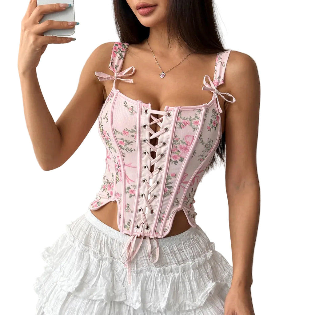 Floral Lace-Up Boned Corset Bustier Top with Structured Vintage-Inspired Silhouette
