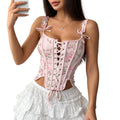 Floral Lace-Up Boned Corset Bustier Top with Structured Vintage-Inspired Silhouette