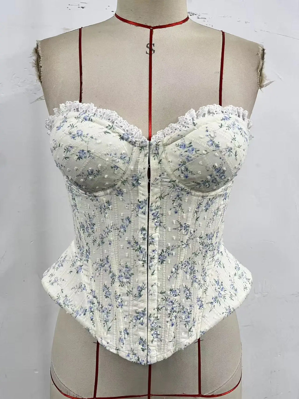 Delicate Blue and White Floral Strapless Corset with Scalloped Lace Trim