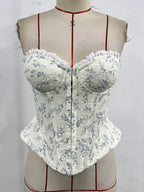 Delicate Blue and White Floral Strapless Corset with Scalloped Lace Trim