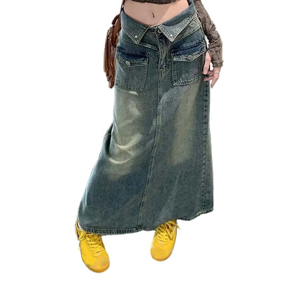 High Waist Straight Denim Maxi Skirt with Front Slit Contemporary Streetwear Style