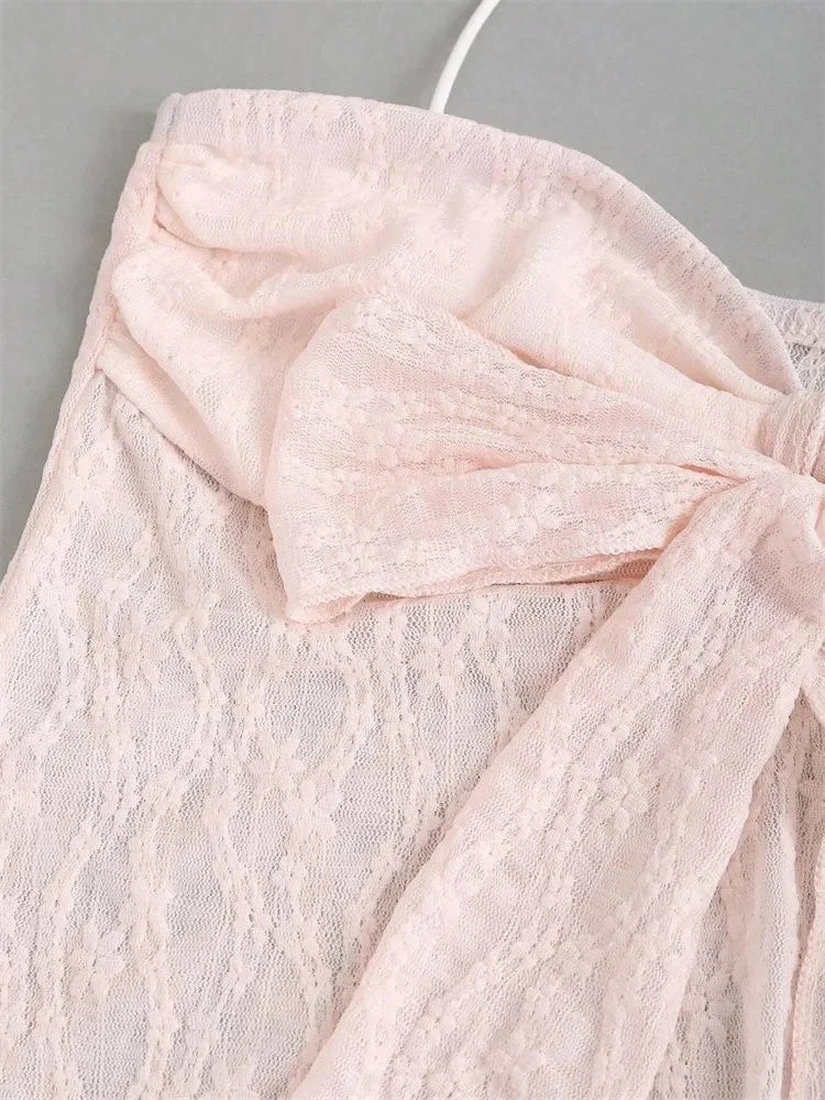 Lace Halter Crop Top with Bow Detail and Slim Fit Streetwear Camisole Design