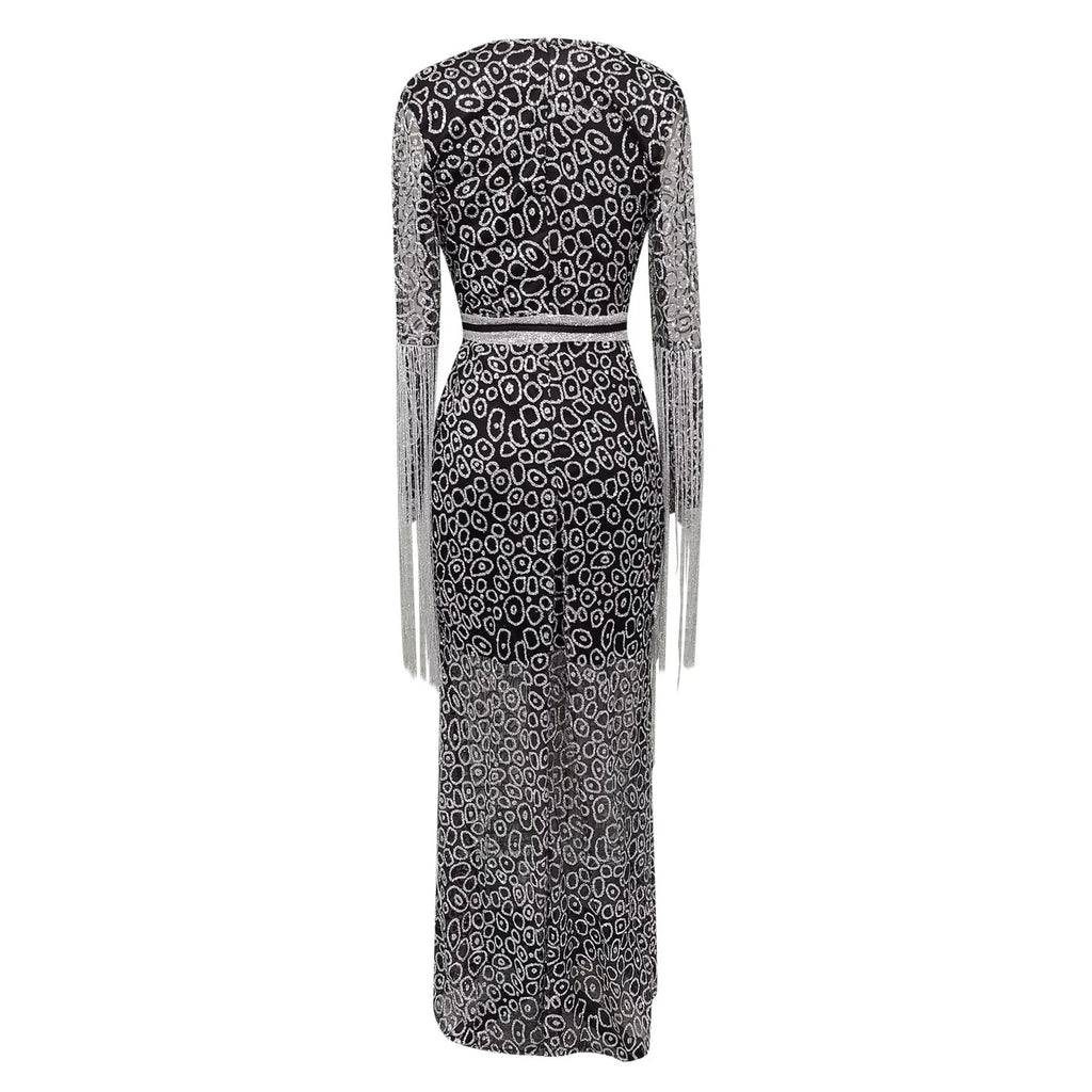 Sequin Fringe Maxi Dress with Long Sleeves and Figure-Hugging Silhouette