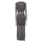Sequin Fringe Maxi Dress with Long Sleeves and Figure-Hugging Silhouette