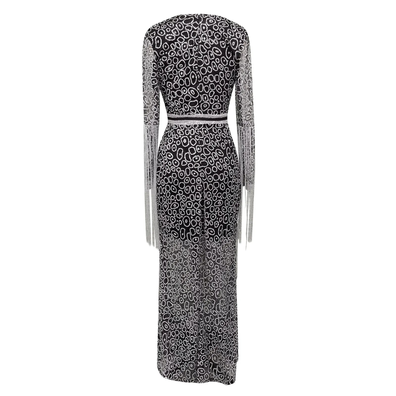 Sequin Fringe Maxi Dress with Long Sleeves and Figure-Hugging Silhouette