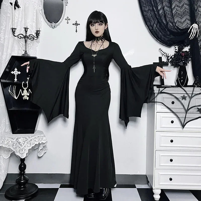Elegant Gothic Mermaid Dress with Dramatic Sleeves and Dark Styling
