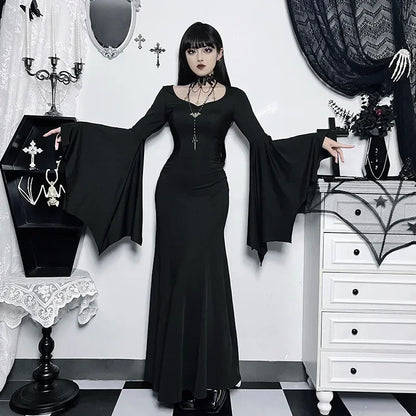 Elegant Gothic Mermaid Dress with Dramatic Sleeves and Dark Styling