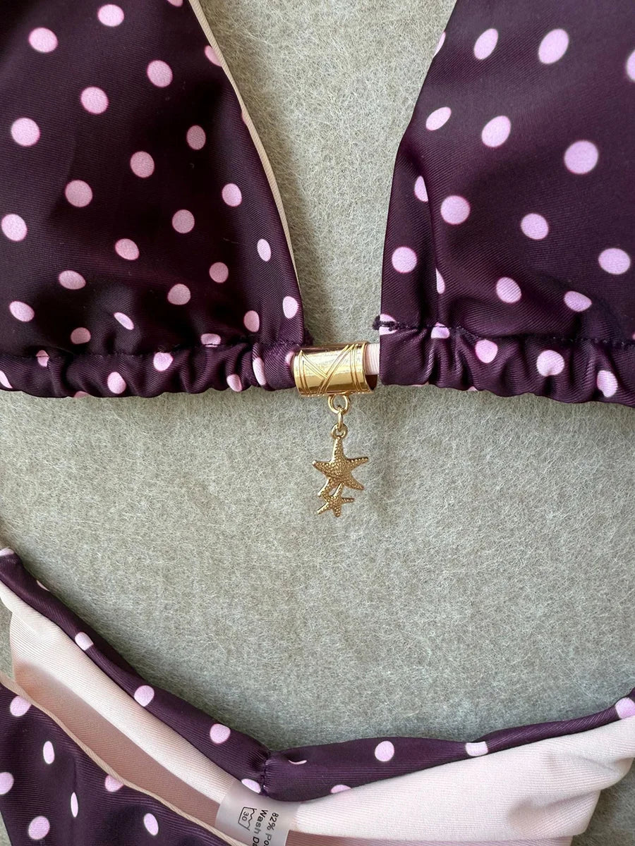 Retro Polka Dot Triangle String Bikini with Contrast Pink Straps