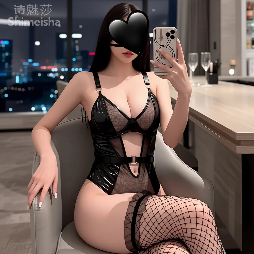 Black Sheer Mesh Teddy with Glossy Straps and Daring Cutout Details