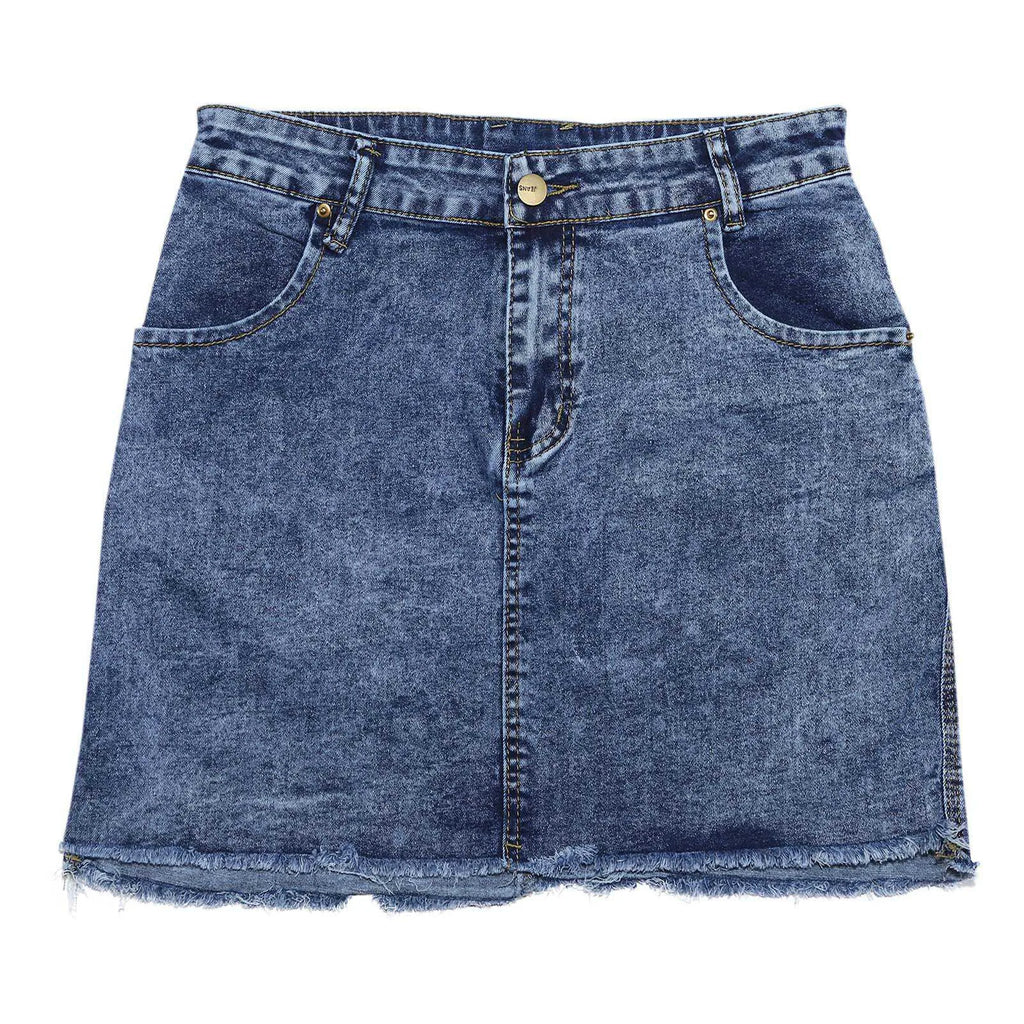 High Rise Distressed Edge Denim Mini Skirt With Clean Street Fit