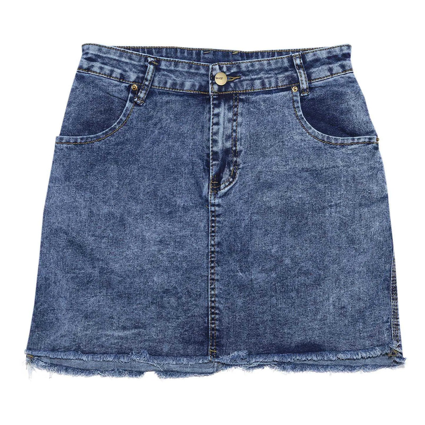 High Rise Distressed Edge Denim Mini Skirt With Clean Street Fit